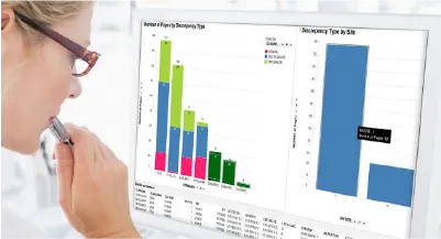transforming clinical development - woman in glasses looking at  monitor with graphs