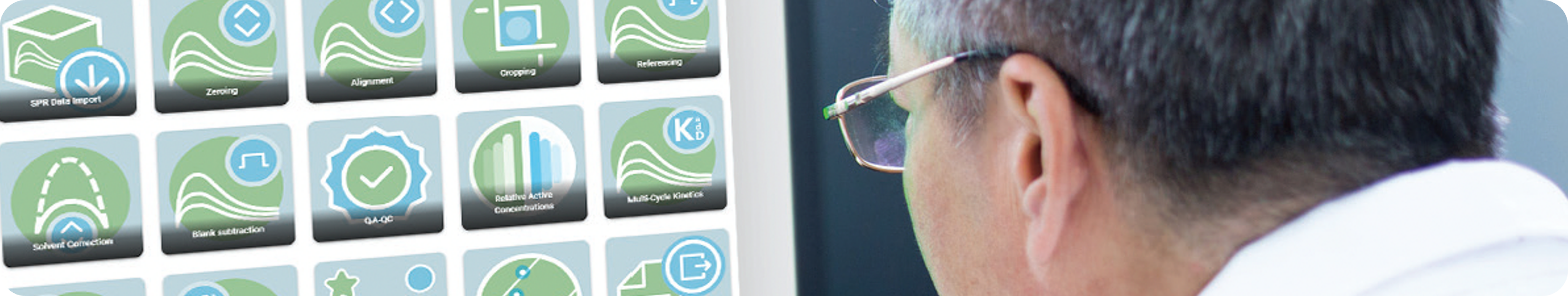 Signals One data processing SPR data sheet header image, scientist looking at monitor screen