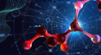 Abstract orange DNA floating over a dark blue background