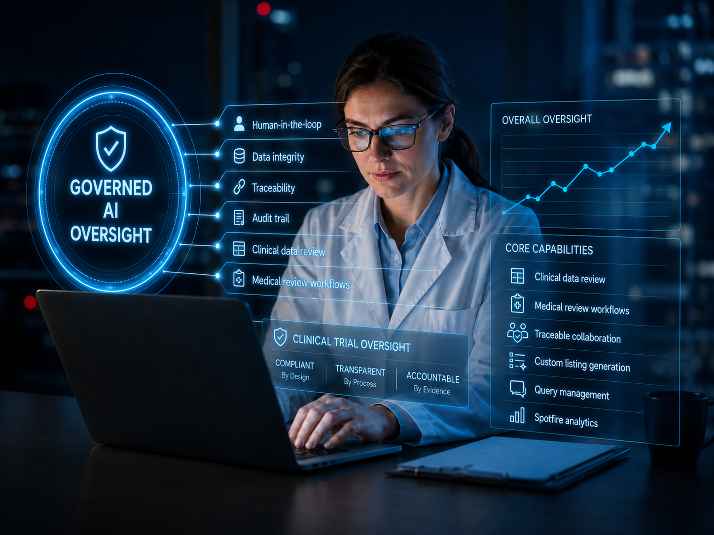 Healthcare professional using a laptop with futuristic governed AI oversight dashboards showing traceability, data integrity, audit trails, clinical data review, and oversight analytics.