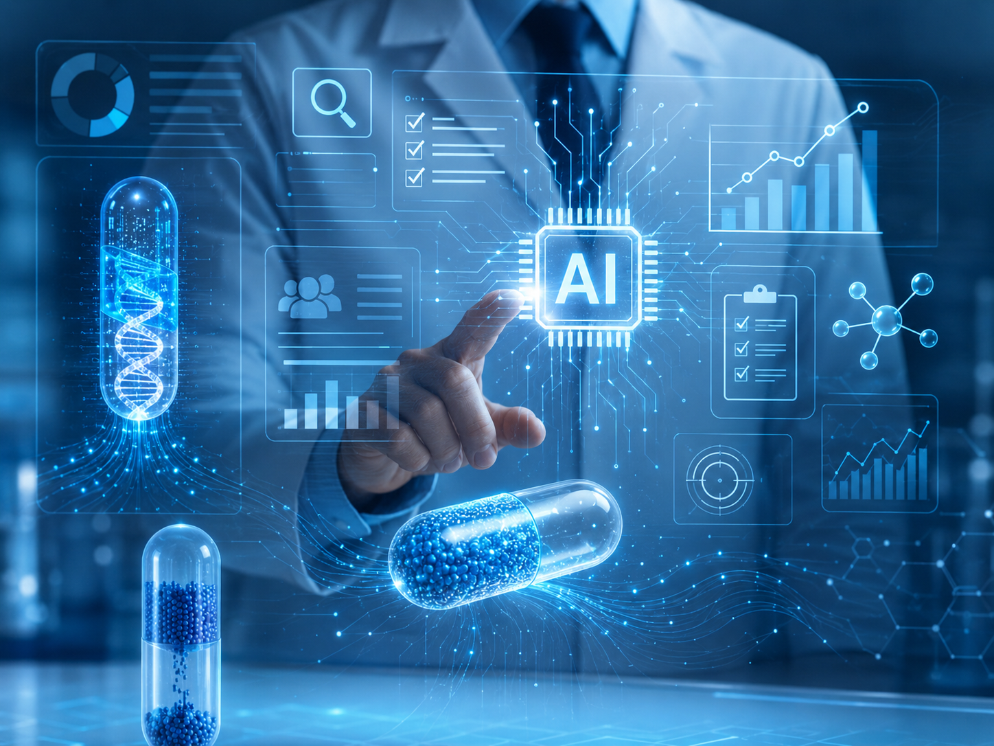 Abstract imagery of a scientist using AI to analyze a pharmaceutical capsule.