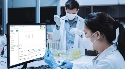 Scientist looking at a computer in a lab