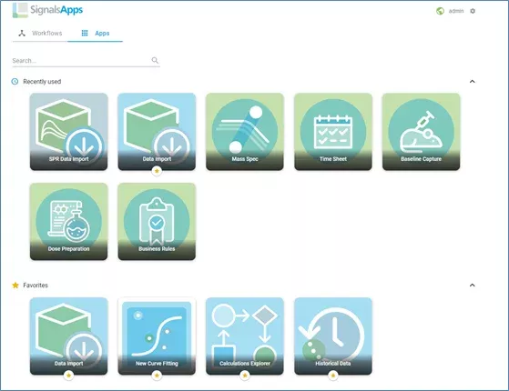 Fig 2: New Signals App main page with intuitive user interface that is easy to navigate, easy to bookmark favorite workflows and apps.