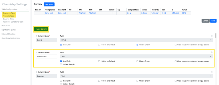 Compliance Column Setup
