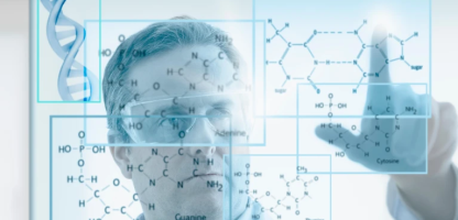 Man points to glass clear screen that has chemistry molecules