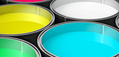 top of paint cans, yellow, sky blue and green and white