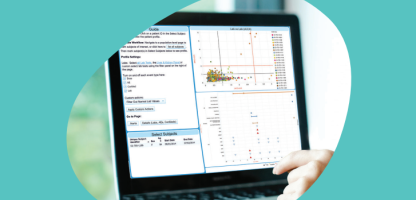 Clinical Data Review: Discovery Solution image with monitor view, and turquoise background