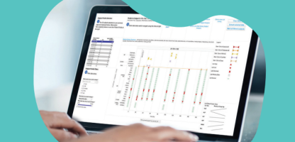 Clinical Data Review: Workflow Solution image with monitor view, and turquoise background