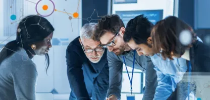 Innovation imperative article thumbnail blue scientist looking at a monitor with a network texture on the side
