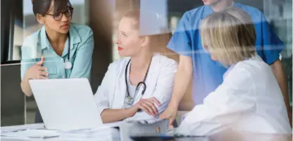 clinical data review analytics solution sell -data sheet thumbnail that has a team of clinical folks reviewing an analytics report on laptop screen