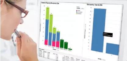 transforming clinical development - woman in glasses looking at  monitor with graphs