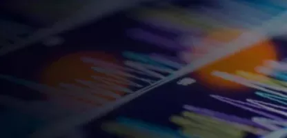 black background with an orange dot and sensor wave lines in blue behind it and blue lines