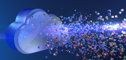 Merch life sciences case study header image, cloud and data flowing in and out