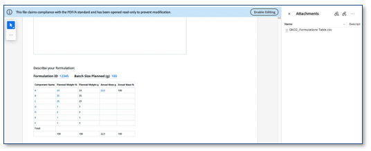 Embedded tables included in the printed content when exporting to PDF