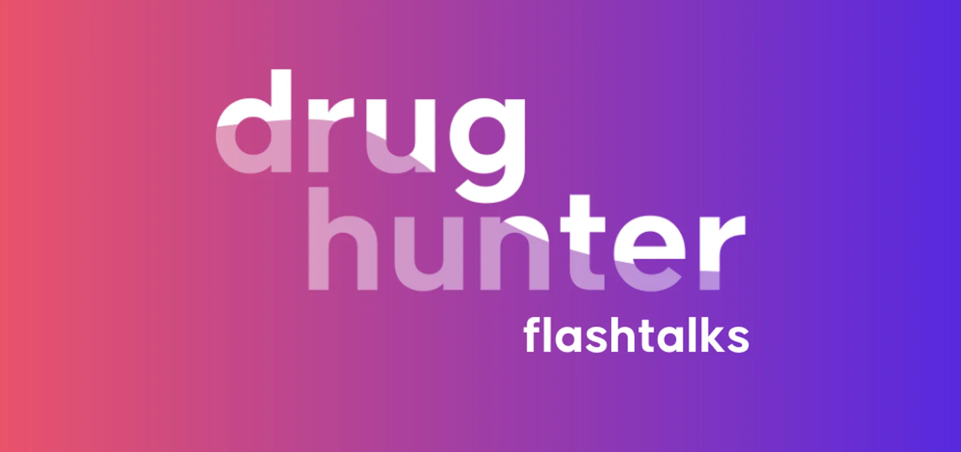Pink-purple degradation background color with Drug Hunter Flash Talks letters in white