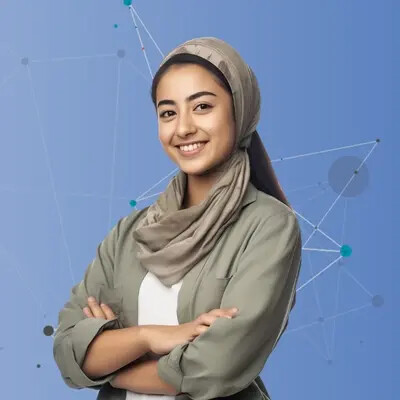 Woman scientist standing in front of a graphical background